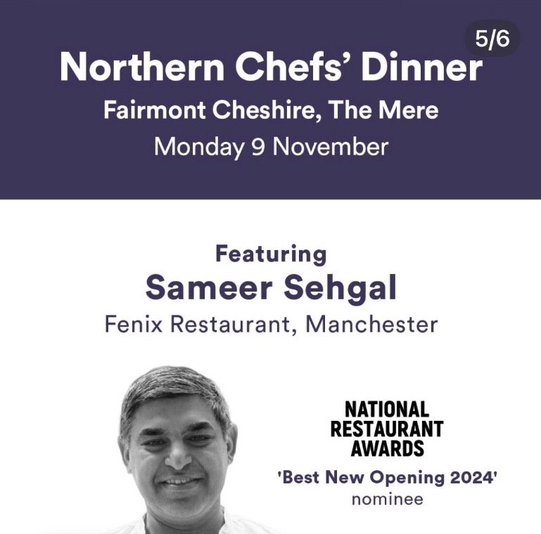 Northern Chefs' Dinner flyer featuring Chef Sameer Sehgal, National Restaurant Awards Best New Opening 2024 nominee