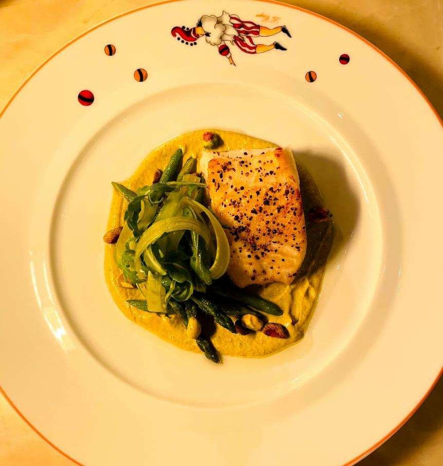 Pan-roasted white fish with beans and a yellow puree