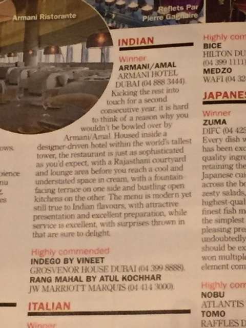 Time Out Dubai listing Amal at Armani Hotel as winner of best Indian restaurant